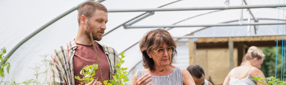 A woman and man looking at plants. 