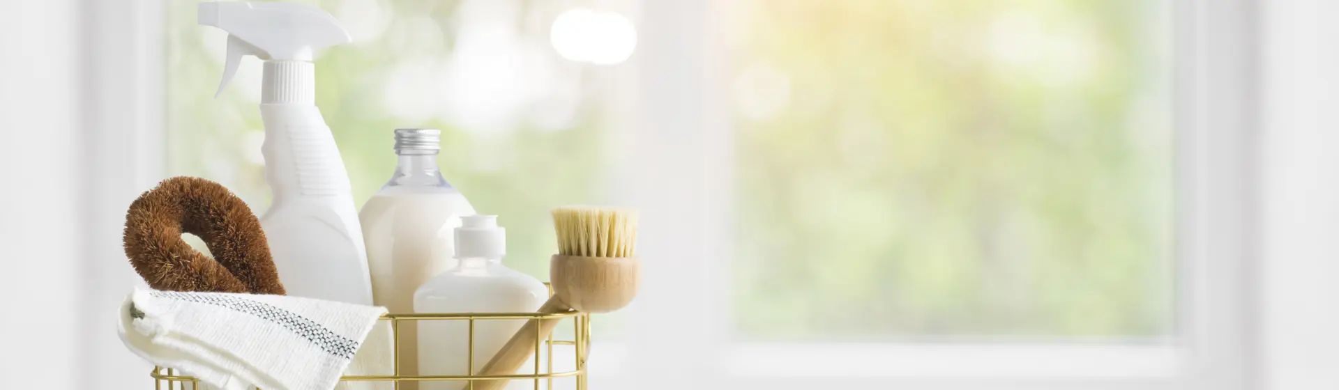Kitchen caddy with cleaning implements in it sits in front of window