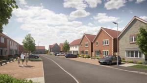 CGI image of a row of houses with family on left side