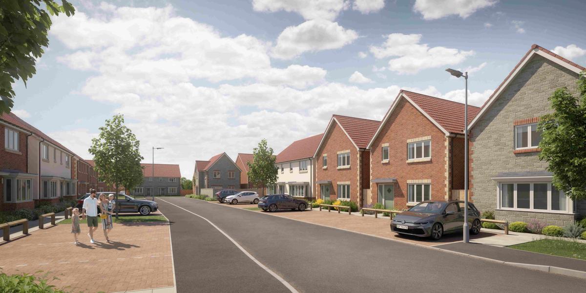 CGI image of a row of houses with family on left side