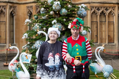 A couple wearing a Christmas outfit, standing in front of a Christmas tree.